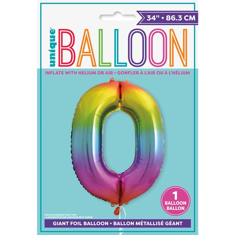 RAINBOW NUMBER 0 SHAPED FOIL BALLOON 34" - Click Image to Close