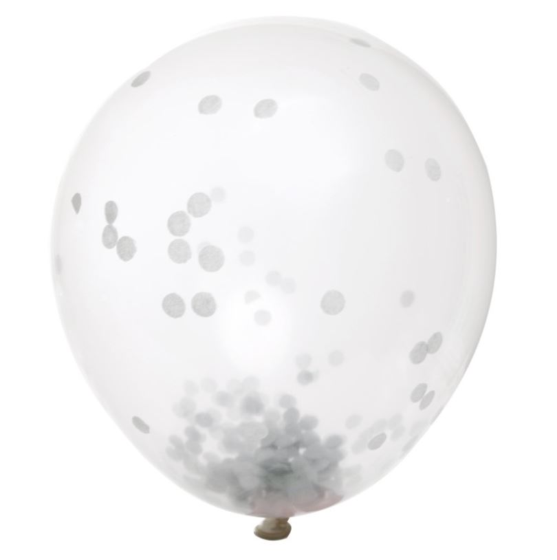 12" Clear Latex Balloons with Silver Confetti Pack of 6 - Click Image to Close