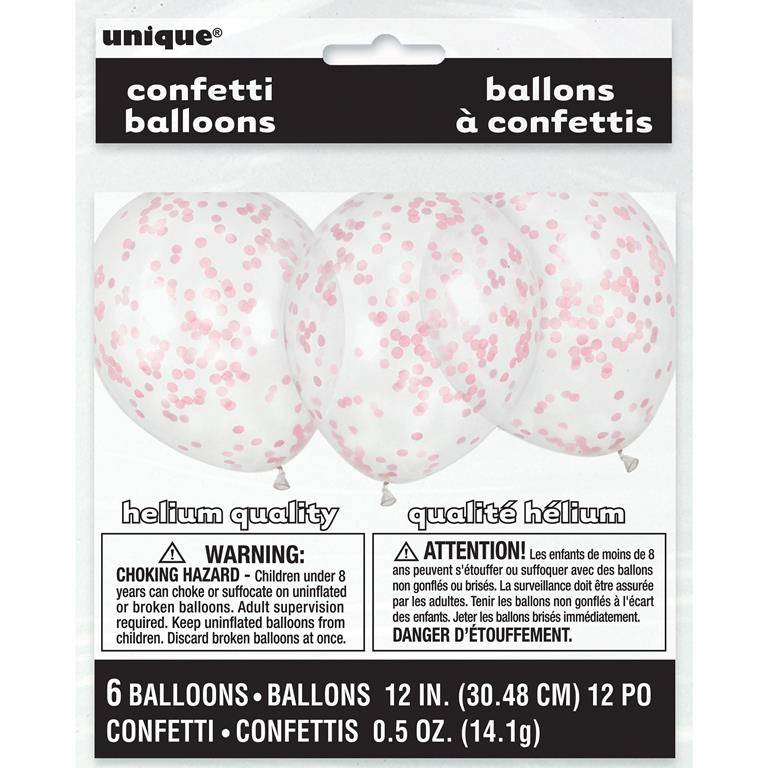 CLEAR LATEX BALLOONS WITH LOVELY PINK CONFETTI 12" 6 PACK - Click Image to Close