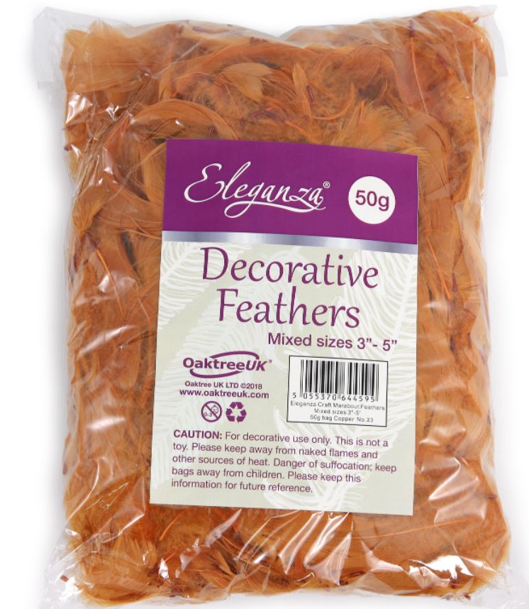 ELEGANZA FEATHERS MIXED SIZES 3-5INCH 50G BAG COPPER - Click Image to Close
