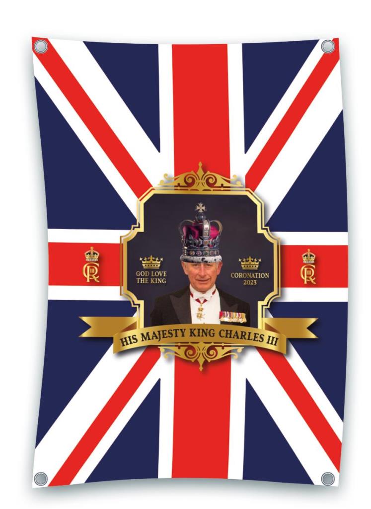 KING CORONATION TRADITIONAL FLAG PORTRAIT 108 X 180CM - Click Image to Close