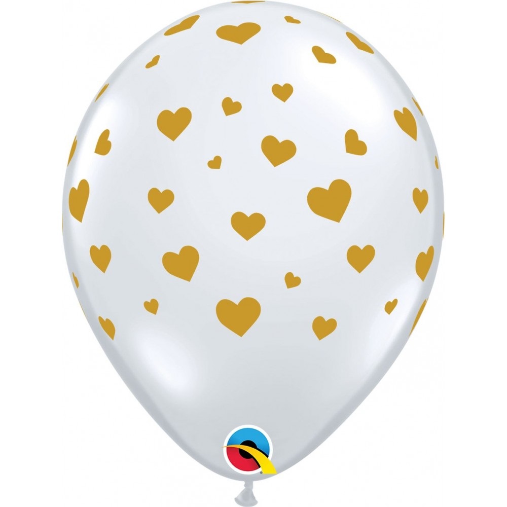 QUALATEX 11" DIAMOND CLEAR BALLOON HEARTS GOLD PACK OF 25 - Click Image to Close