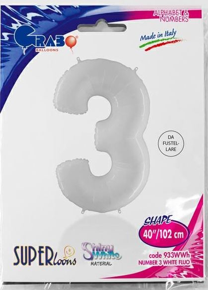 NUMBER 3 SHINY WHITE 40" BALLOON - Click Image to Close