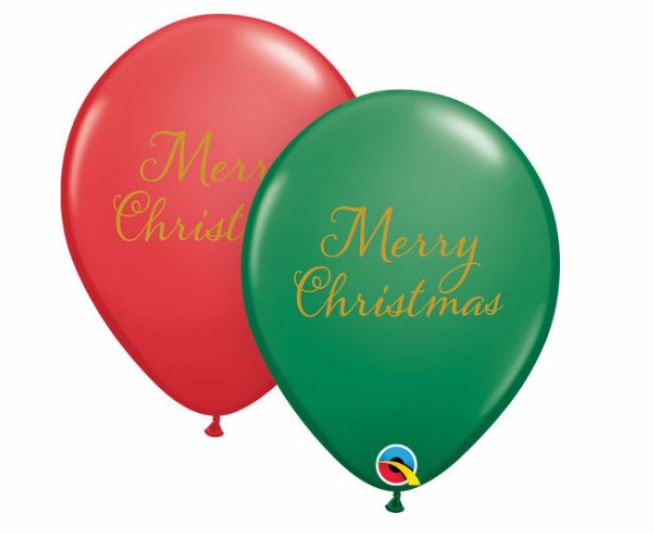 Qualatex 11" Green & Red Merry Christmas Balloons - Click Image to Close