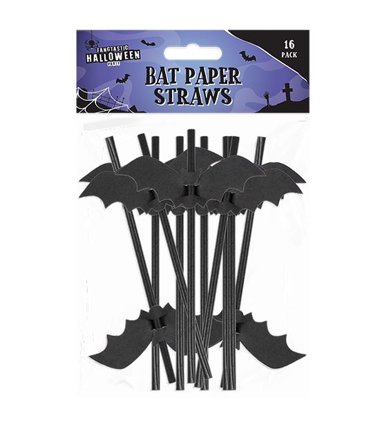 HALLOWEEN BAT PAPER STRAWS 16PK - Click Image to Close